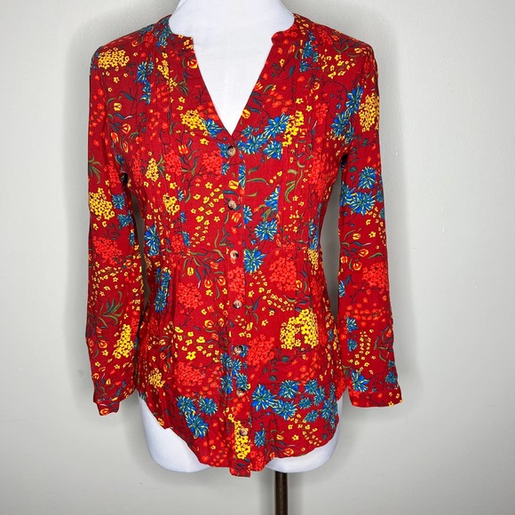 Anthropologie Maeve Blouse Top Colorful Floral XS Red V-Neck Bib Front Pleated - Picture 2 of 7
